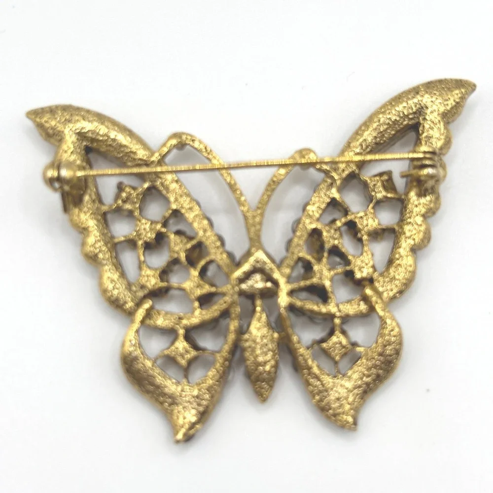 Vintage Butterfly Brooch Antiqued Gold Tone Amber Brown Rhinestone Insect Pin